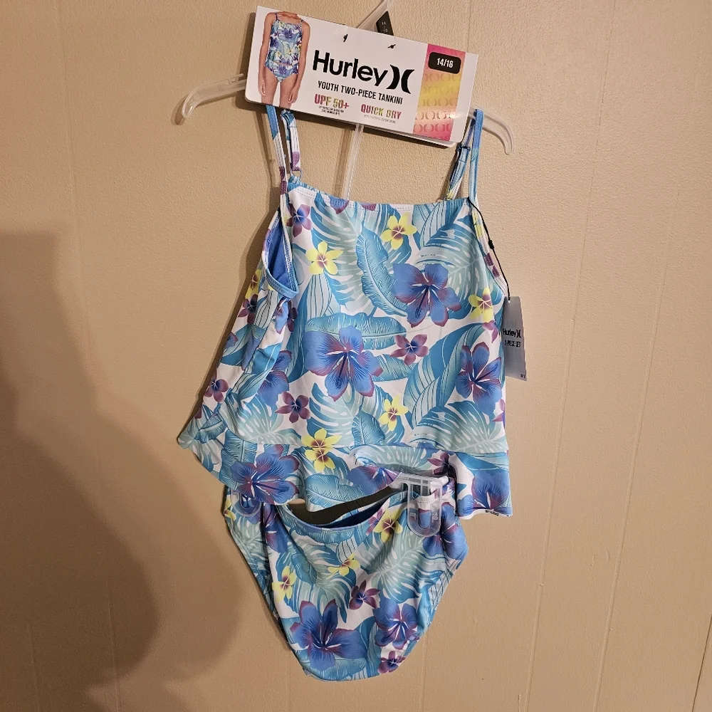 Hurley 14/16 Blue and Purple Floral Two Piece Tankini Set